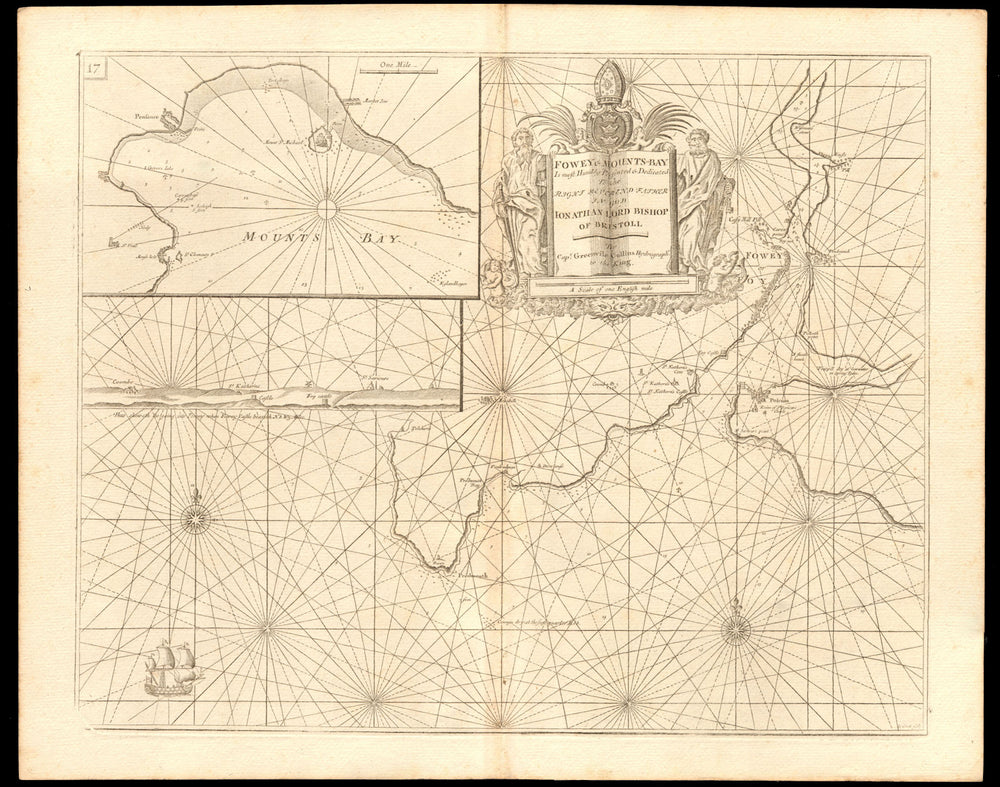 'FOWEY & MOUNTS BAY' sea chart. Polruan Bodinnick Penzance. COLLINS c1774 map
