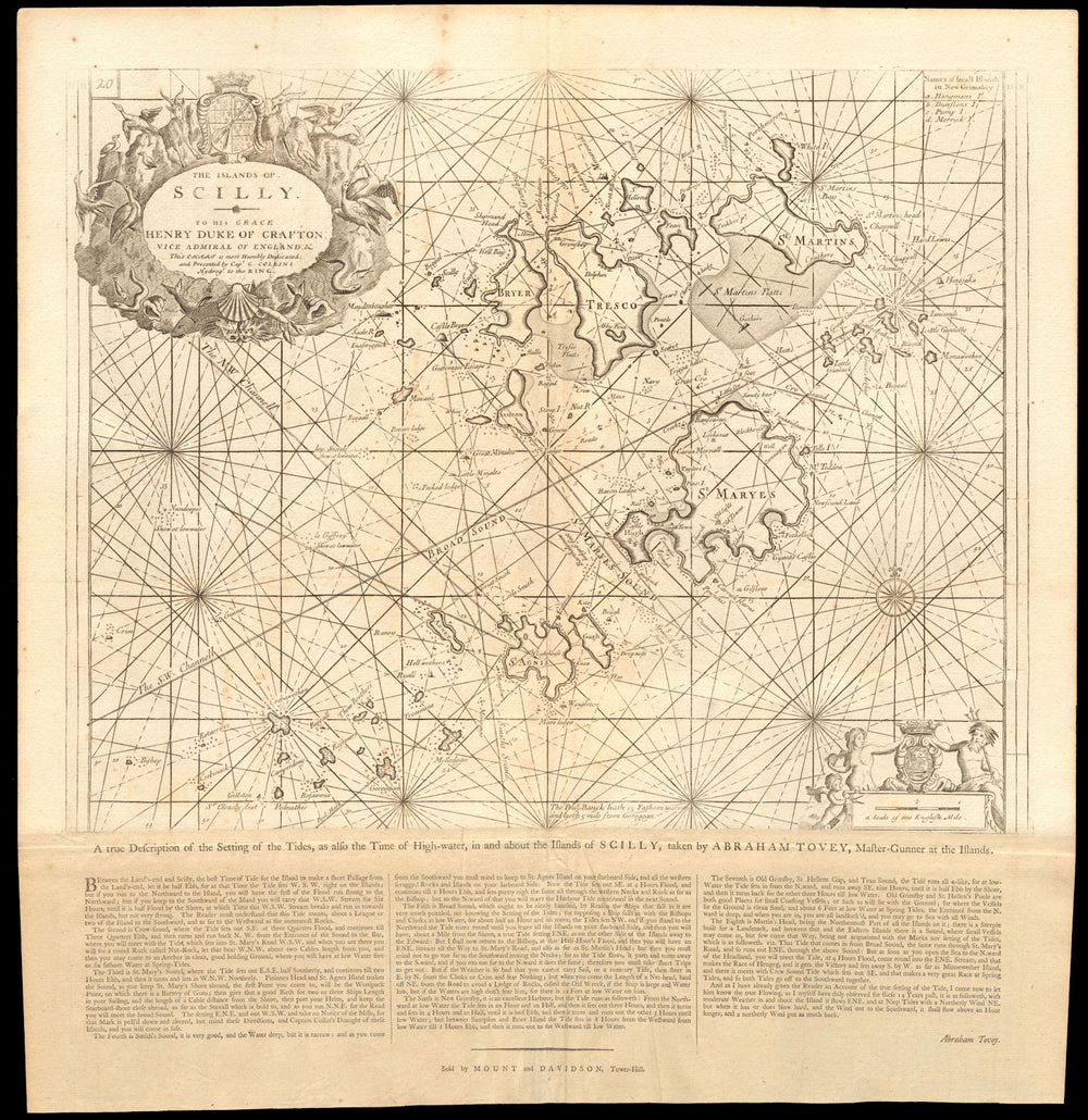 Sea chart of 'The Islands of Scilly' by Captain Greenvile COLLINS c1774 map