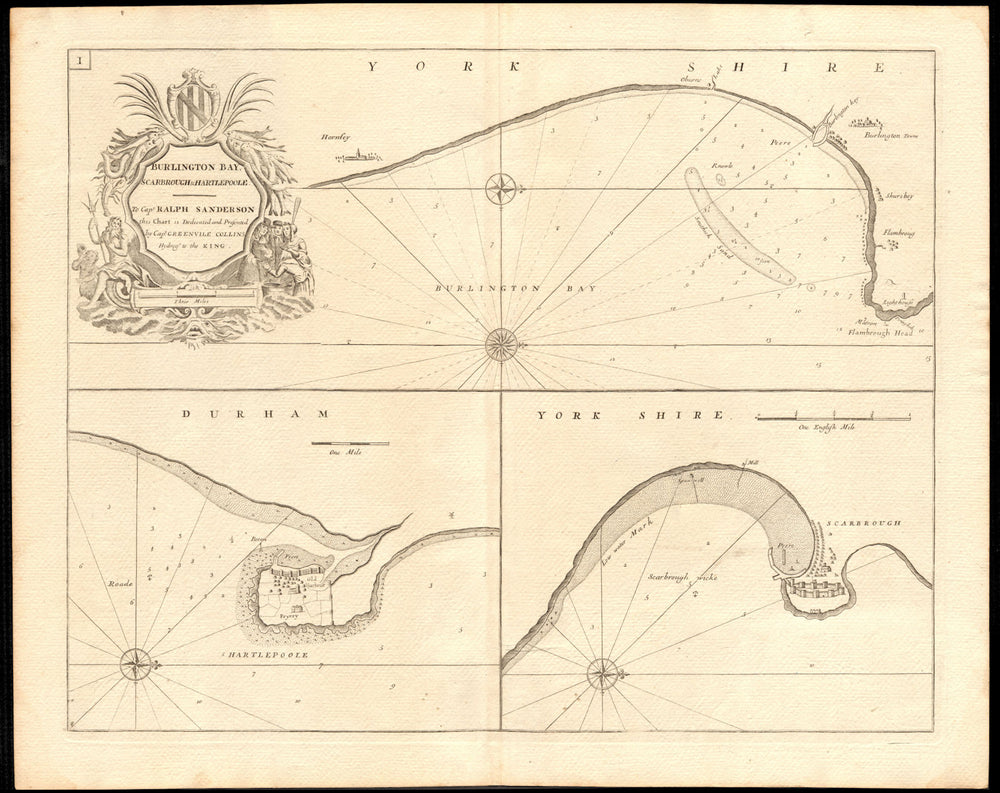 Bridlington Bay, Scarborough & Hartlepool sea chart by Capt. G Collins c1774 map