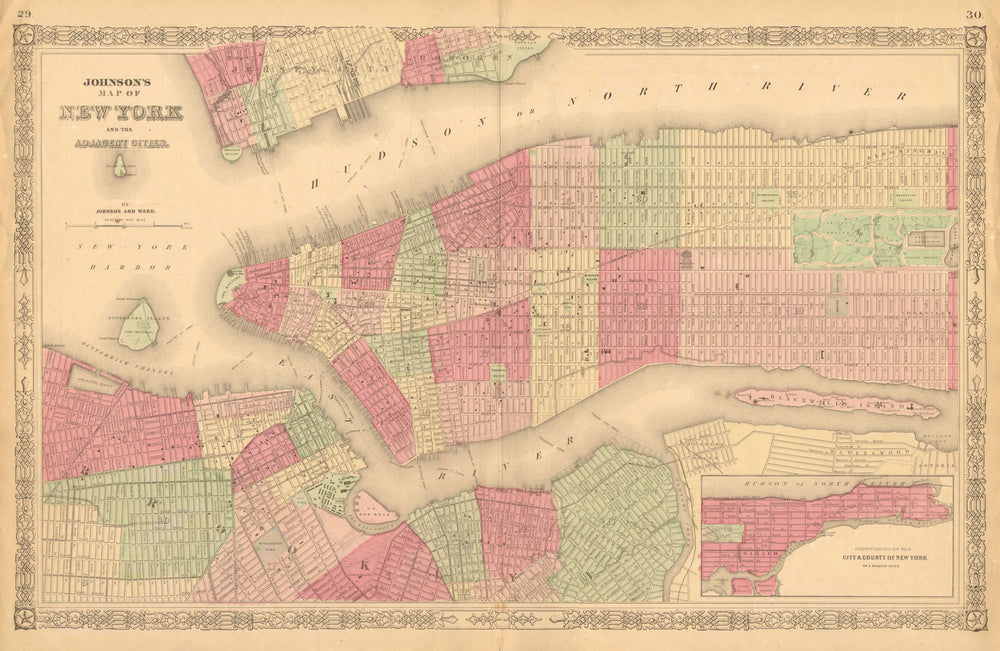 'Map of NEW YORK & the adjacent cities', by AJ JOHNSON. Manhattan/Brooklyn 1865