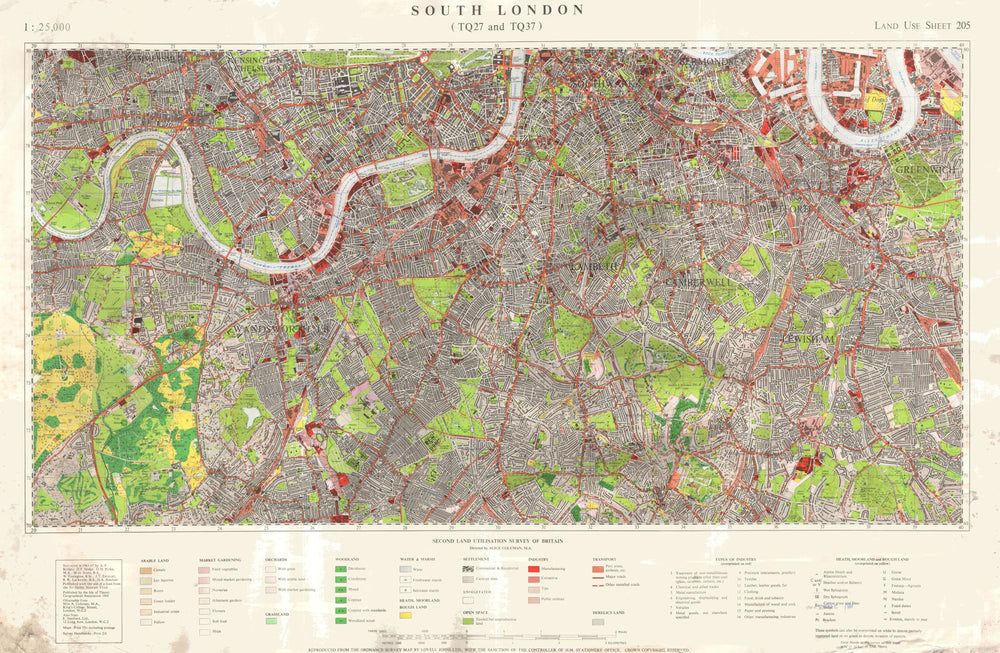 South London (TQ27 & TQ37) Land Use Survey Sheet 205. 85x55cm 1968 old map