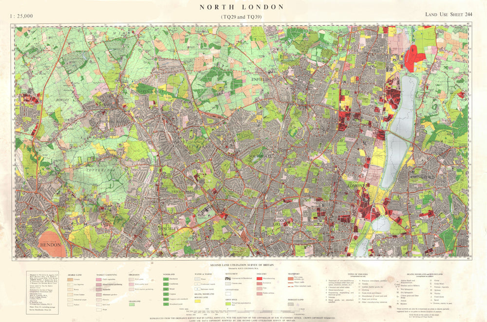North London (TQ29 & TQ39) Land Use Survey Sheet 244. 85x55cm 1967 old map
