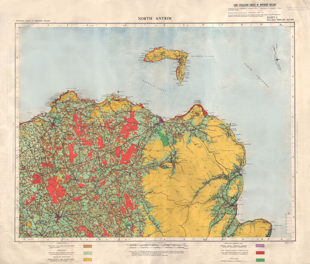North Antrim. Northern Ireland Land Utilisation Survey Sheet 2. 80x70cm 1939 map