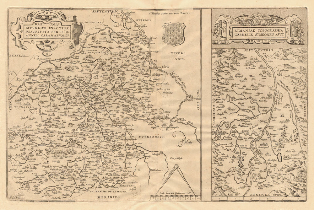'Regionis Biturigum' & 'Limaniae Topographia'. Berry/Auvergne. ORTELIUS 1570 map