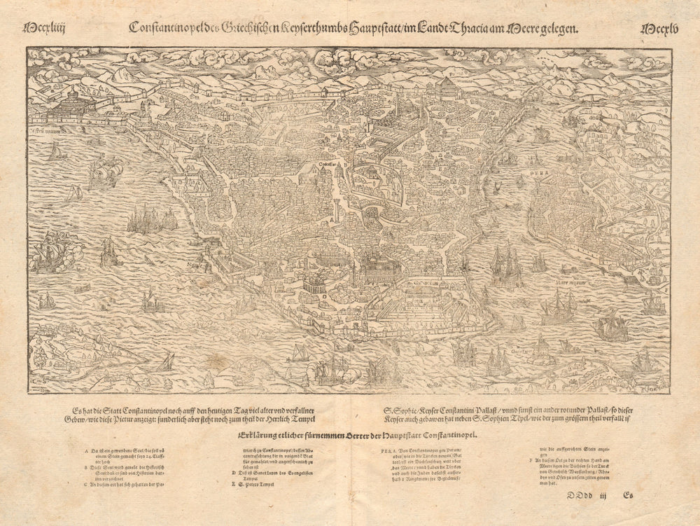 'Constantinopeldes…'. Constantinople/Istanbul view by Sebastian MUNSTER 1574 map