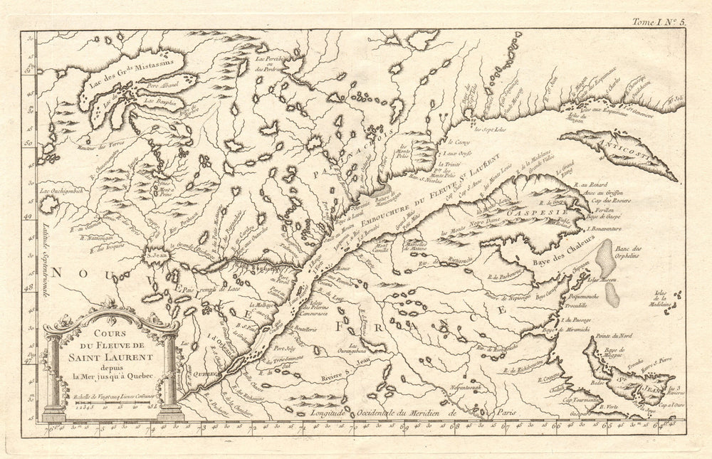 'Cours du Fleuve de Saint Laurent depuis la mer jusqu'à Quebec'. BELLIN 1764 map