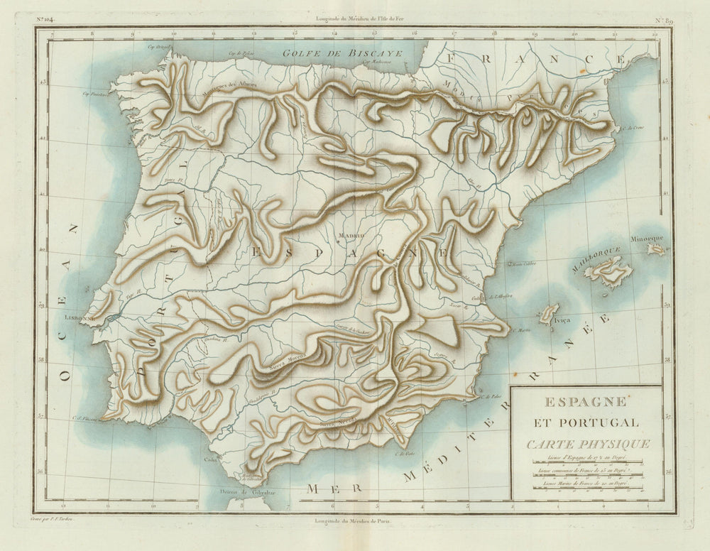 'Espagne et Portugal Carte Physique'. Mentelle/Chanlaire. Iberia Spain c1798 map