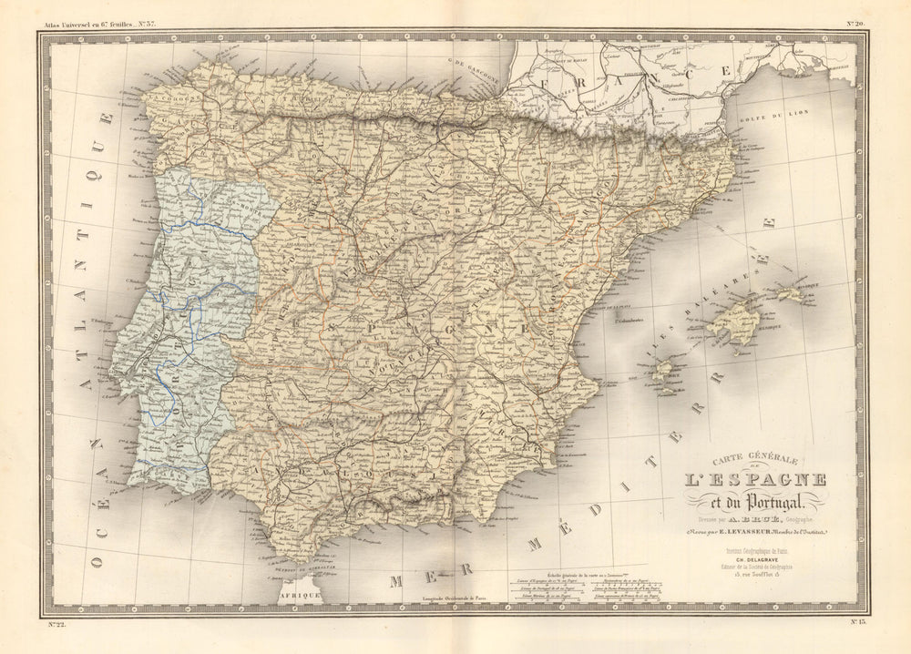'Carte Generale de L'Espagne et du Portugal' by Brué. Iberia Spain c1875 map