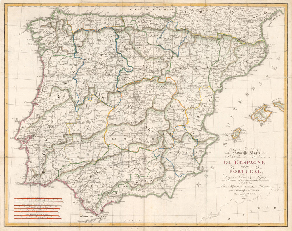 Nouvelle Carte Politique & Itineraire de L'Espagne & Portugal. LANGLOIS 1823 map