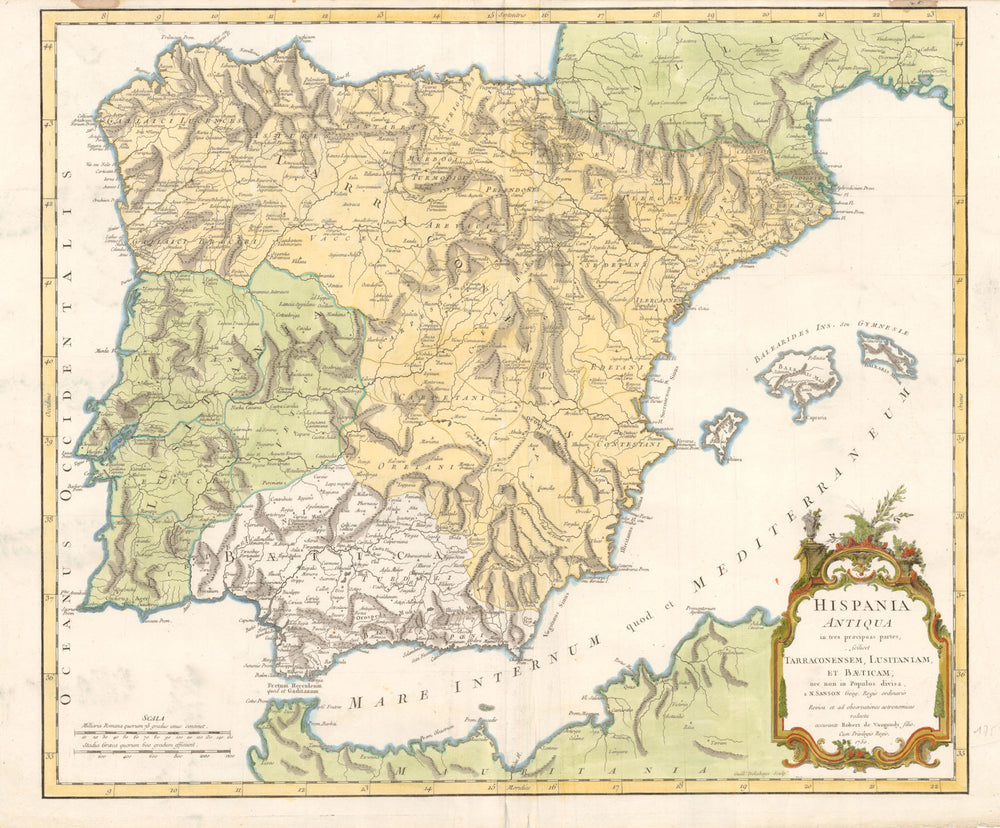 'Hispania Antiqua in tres praecipuas partes…' VAUGONDY/SANSON. Iberia 1750 map