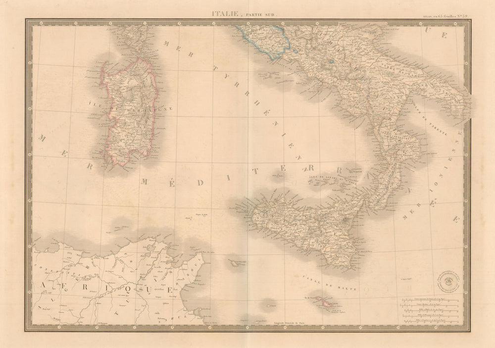 'Italie, partie sud' by A-H Brué. Southern Italy Sicily Sardinia c1842 old map