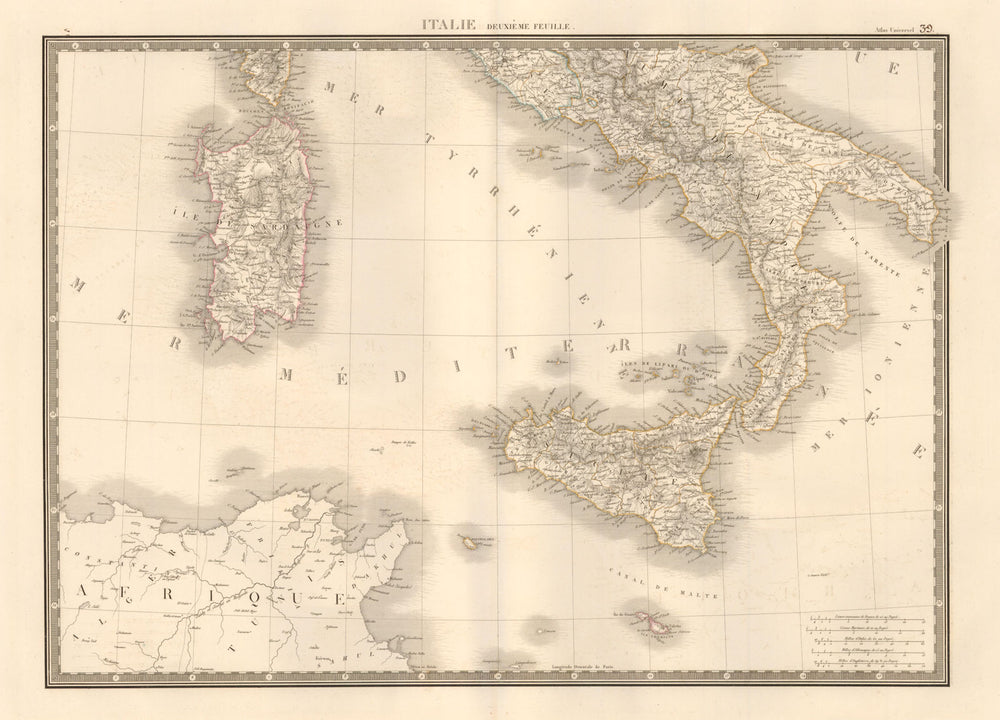 'Italie deuxième feuille' by A-H Brué. Southern Italy Sicily Sardinia c1875 map