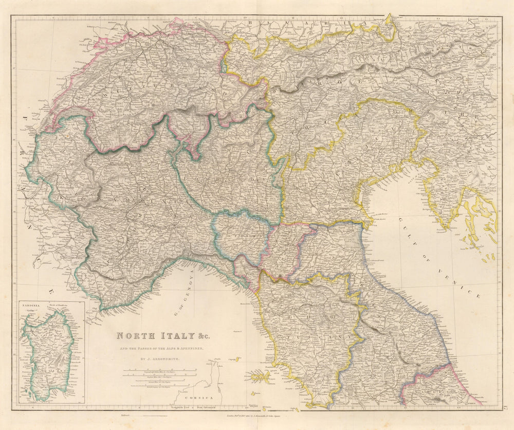'North Italy and the Passes of the Alps & Apennines' by J. Arrowsmith 1858 map