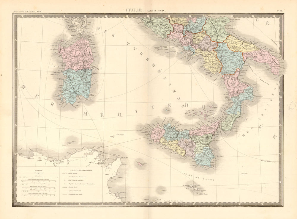 'Italie, partie sud' by A-H Brué. Southern Italy Sicily Sardinia 1875 old map