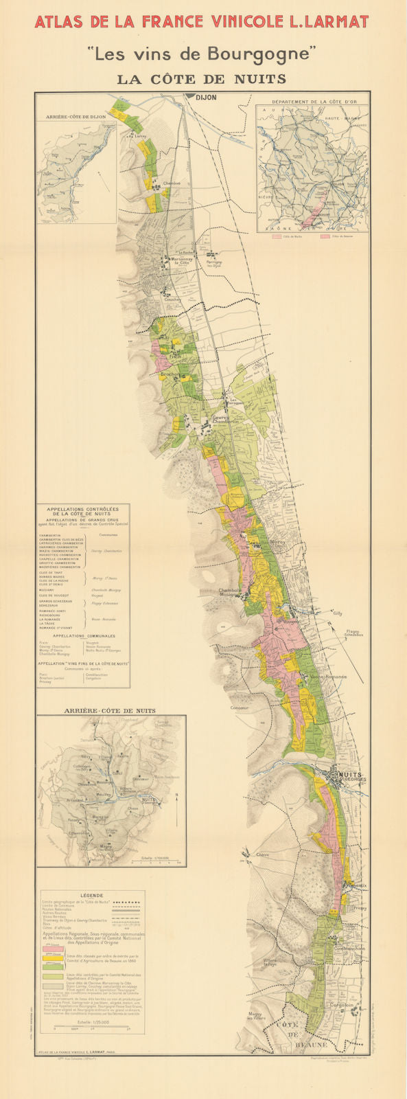 BURGUNDY BOURGOGNE WINE MAP La Côte de Nuits vineyards vignobles. LARMAT 1942