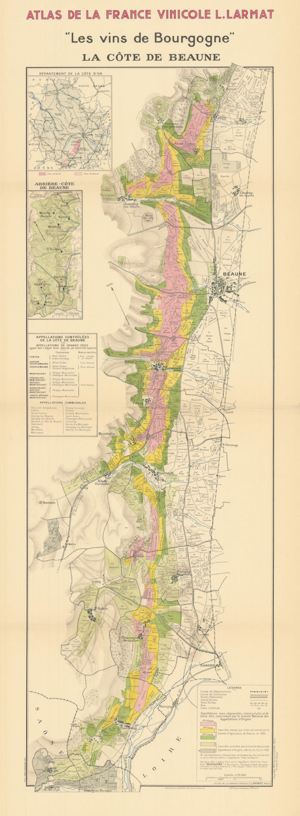 BURGUNDY BOURGOGNE WINE MAP La Côte de Beaune. Vineyards vignobles. LARMAT 1942