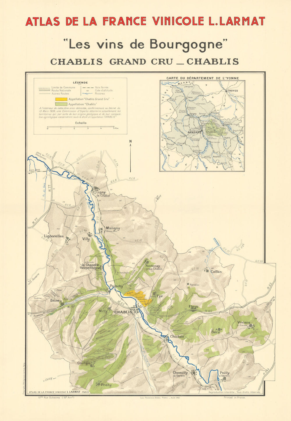 BURGUNDY BOURGOGNE WINE MAP Chablis appellations vineyards vignobles LARMAT 1942