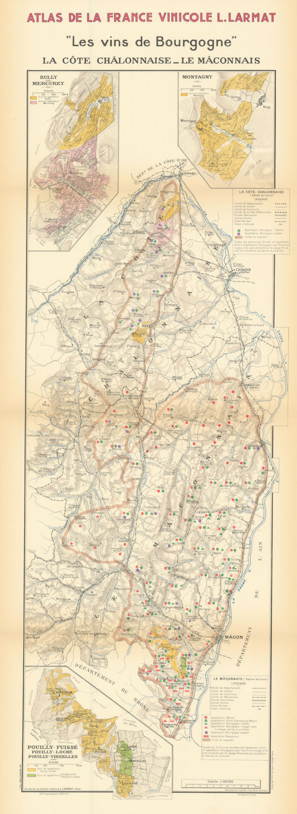 BURGUNDY BOURGOGNE WINE MAP Côtes Châlonnaise Mâconnais appellations LARMAT 1942