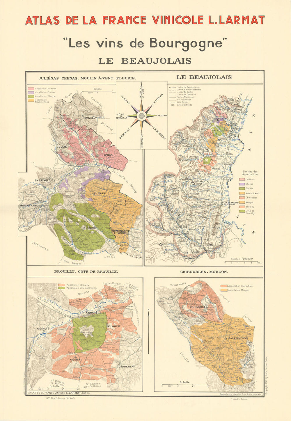 BURGUNDY BOURGOGNE WINE MAP Le Beaujolais. Appellations vineyards. LARMAT 1942