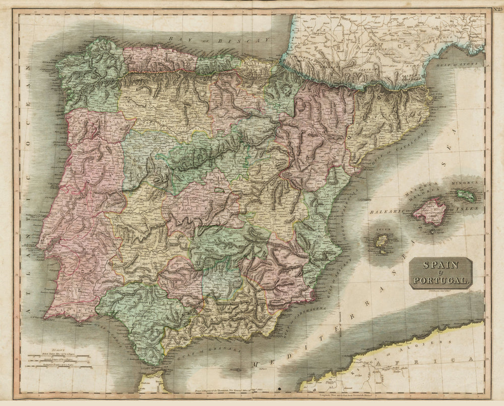 "Spain and Portugal" by John Thomson. Provinces. Iberia 1817 old antique map