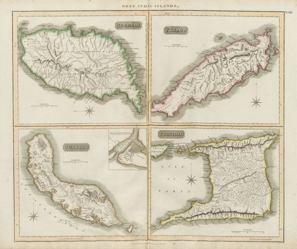 Grenada, Tobago, Trinidad & Curaçao. West Indies Caribbean. THOMSON 1817 map