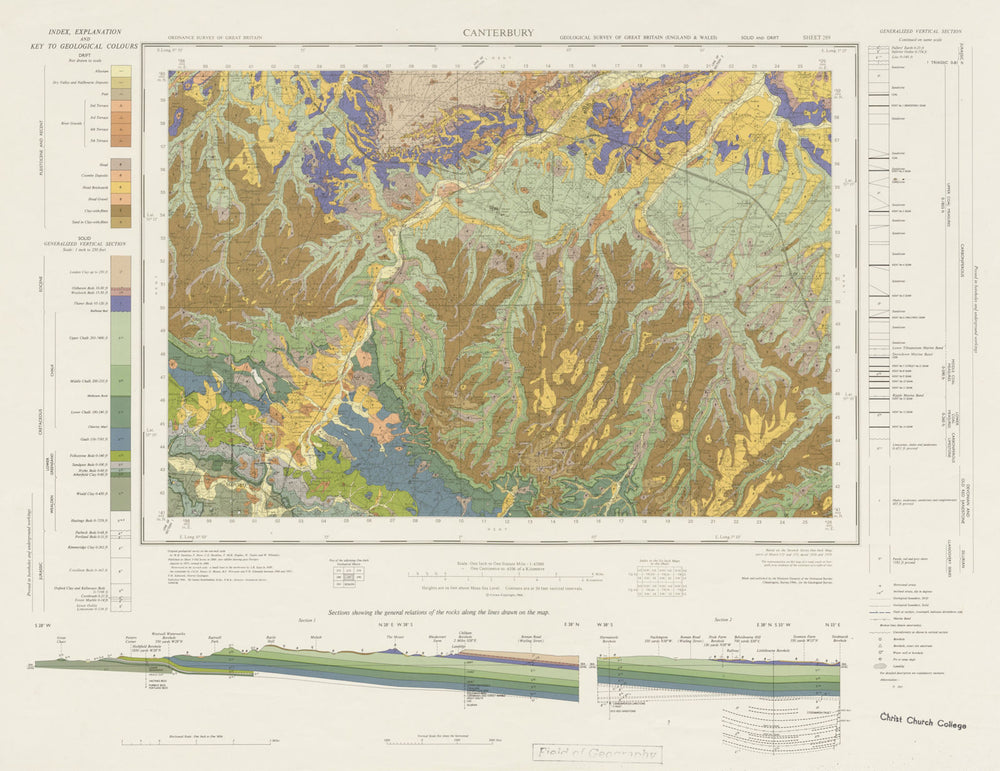 Canterbury. Vintage geological survey map. Sheet 289. Kent Downs Ashford 1966