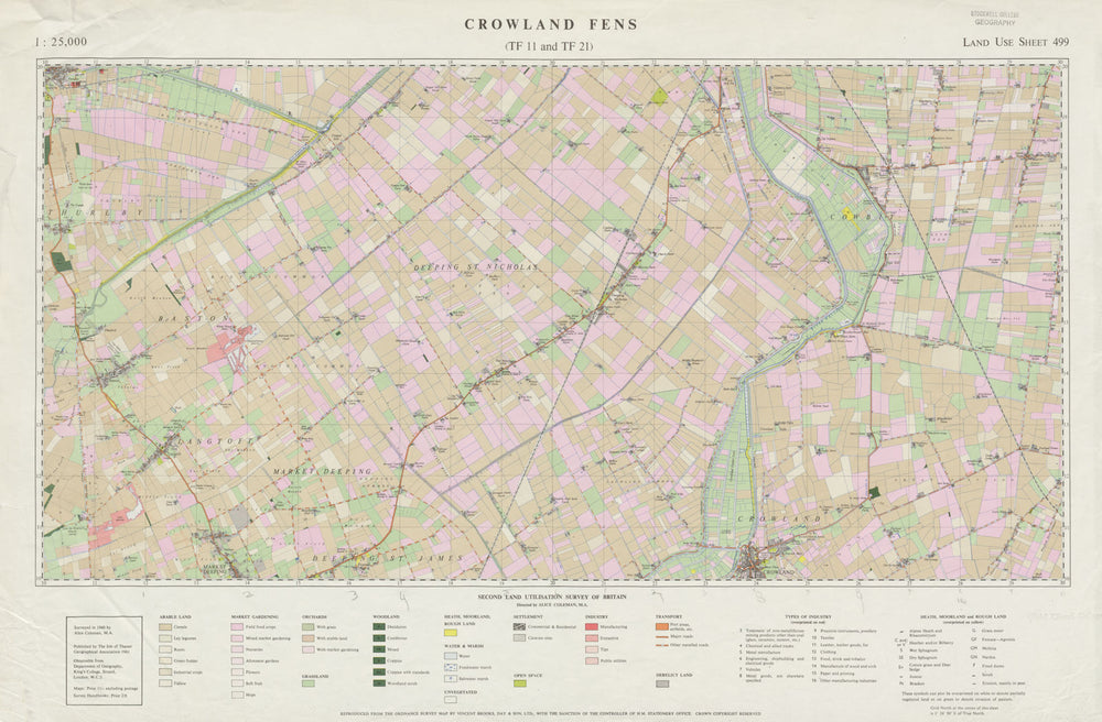 Crowland Fens (TF11 and TF21) Land Use Survey Sheet 499. 85x55cm 1961 old map