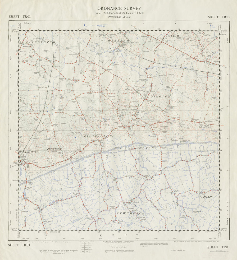 Vintage Ordnance Survey OS map sheet TR03 Mersham Smeeth Ruckinge 1961 old