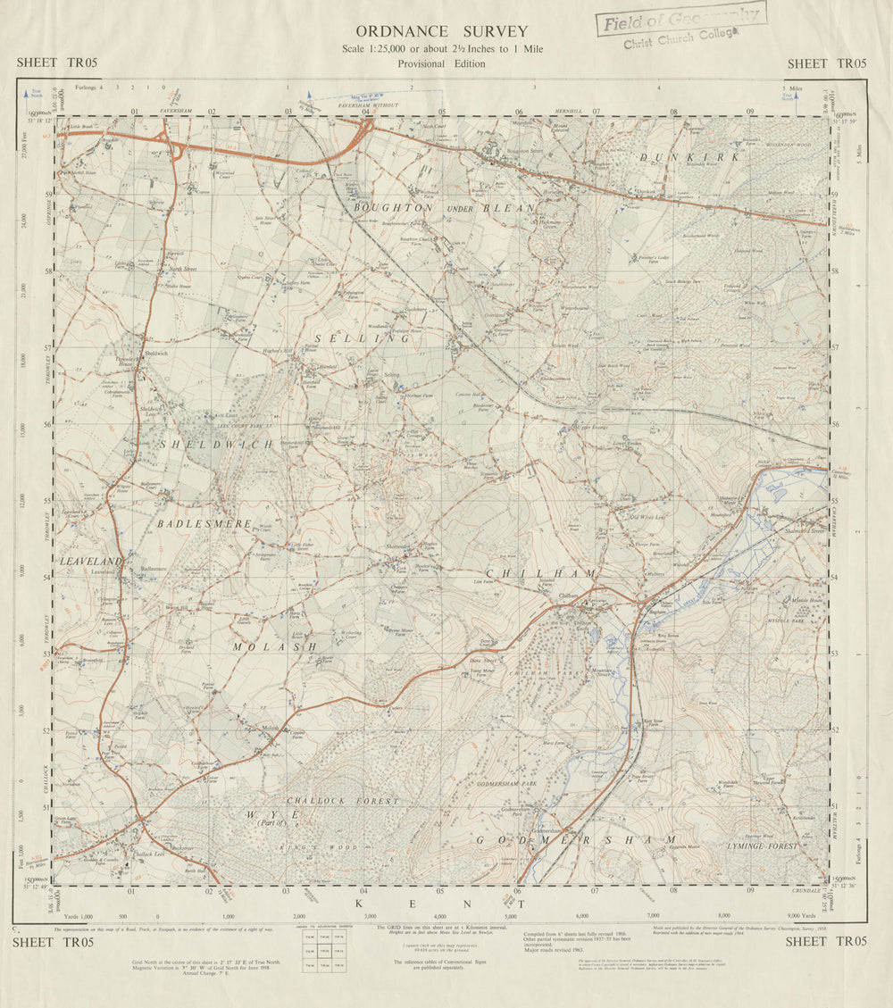 Vintage Ordnance Survey OS map sheet TR05 Boughton Sheldwich Challock 1964