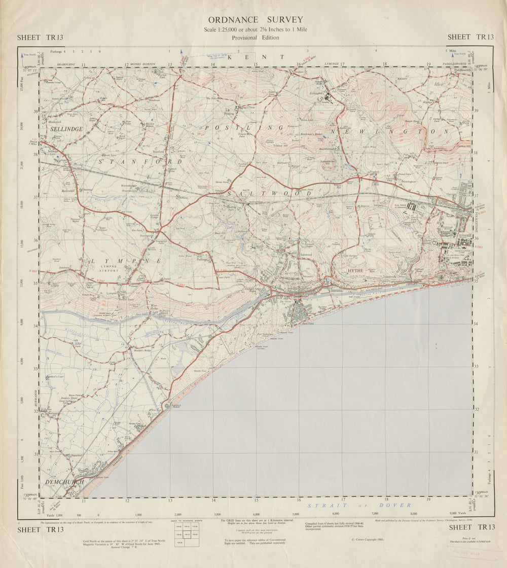Vintage Ordnance Survey OS map sheet TR13 Hythe Dymchurch Folkestone 1960