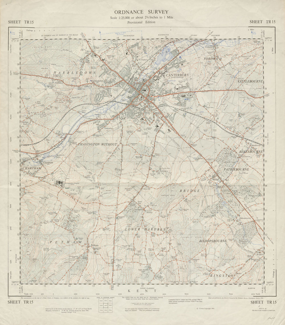 Vintage Ordnance Survey OS map sheet TR15 Canterbury Chartham 1961 old