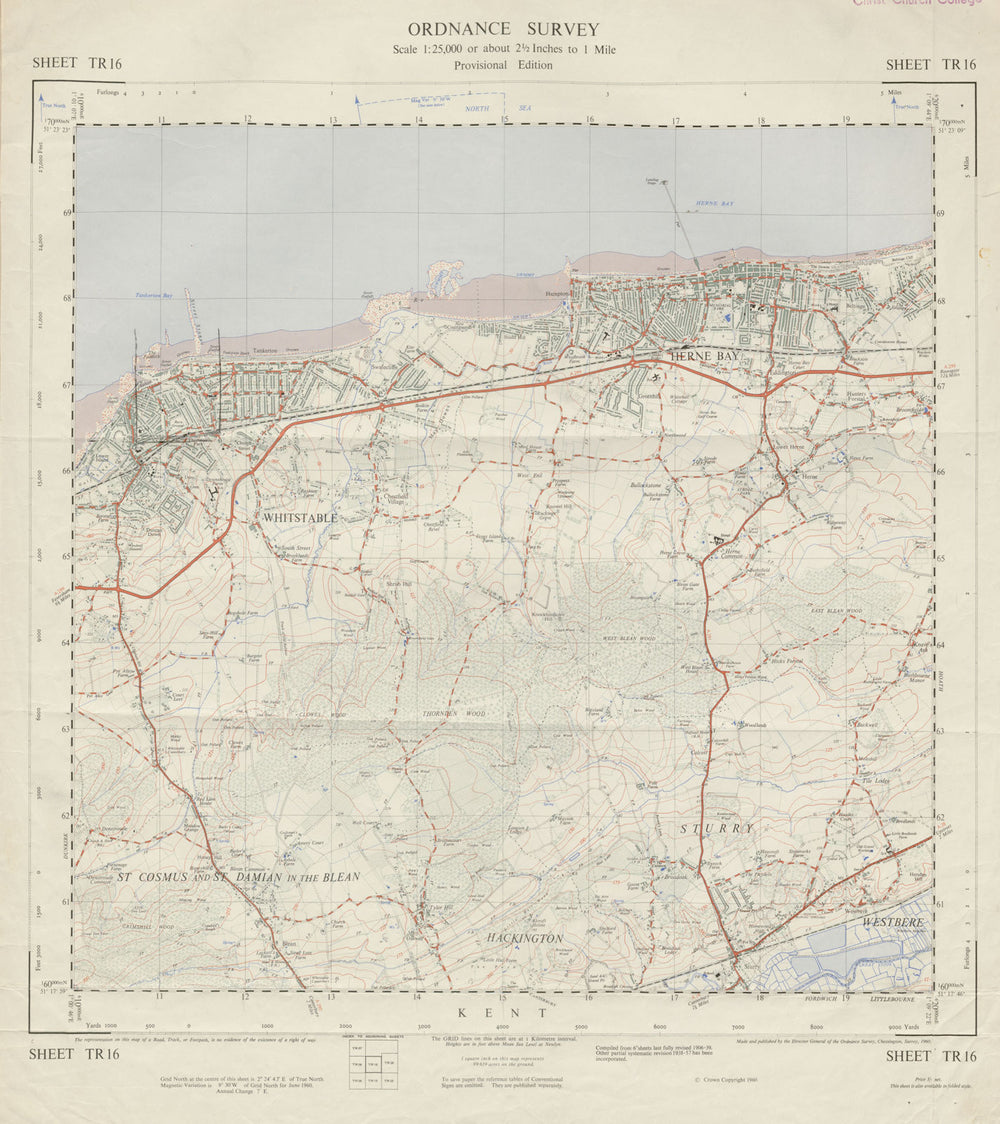 Vintage Ordnance Survey OS map sheet TR16 Whitstable Herne Bay 1960 old