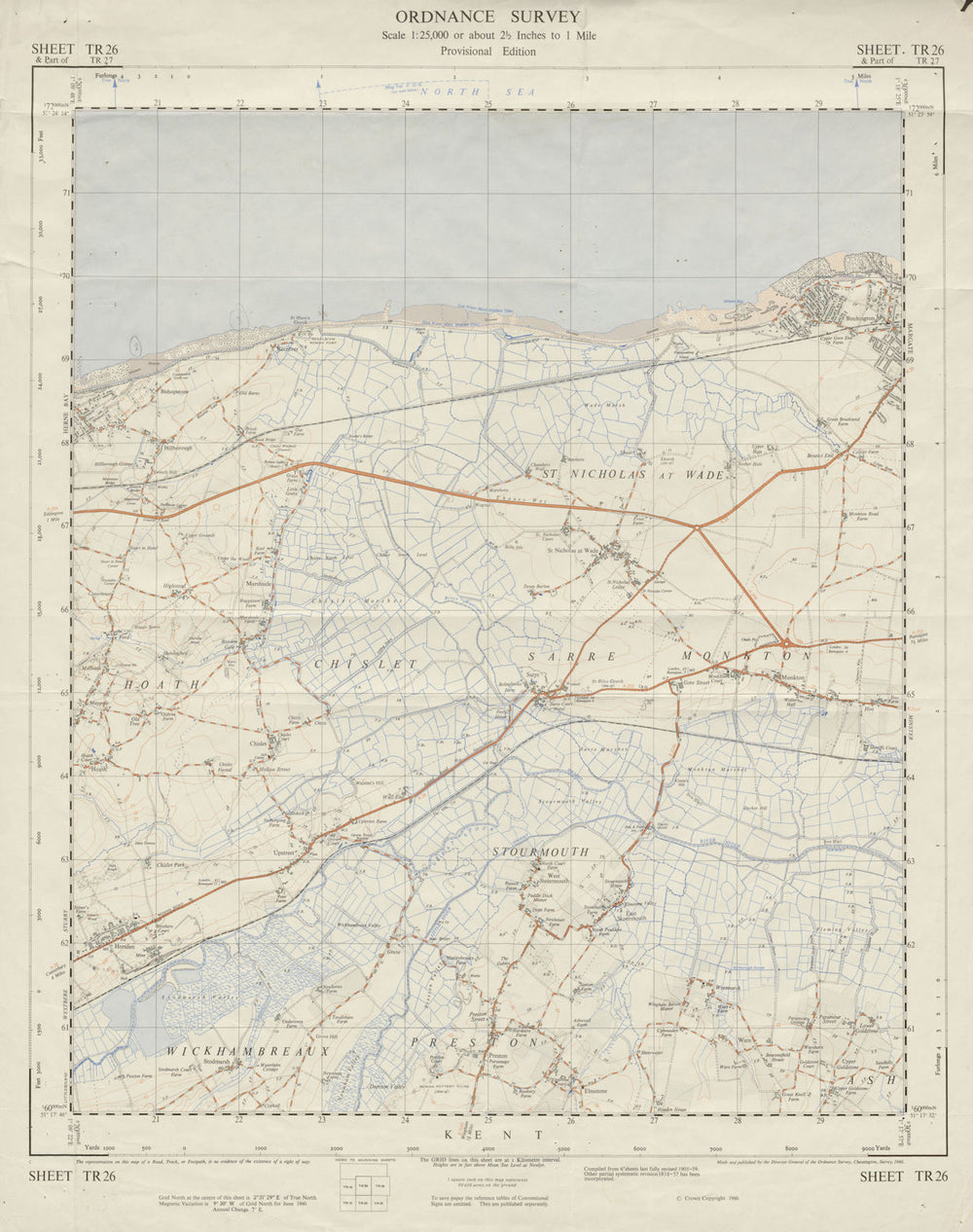 Vintage Ordnance Survey OS map sheet TR26 Stourmouth Sarre Monkton 1960