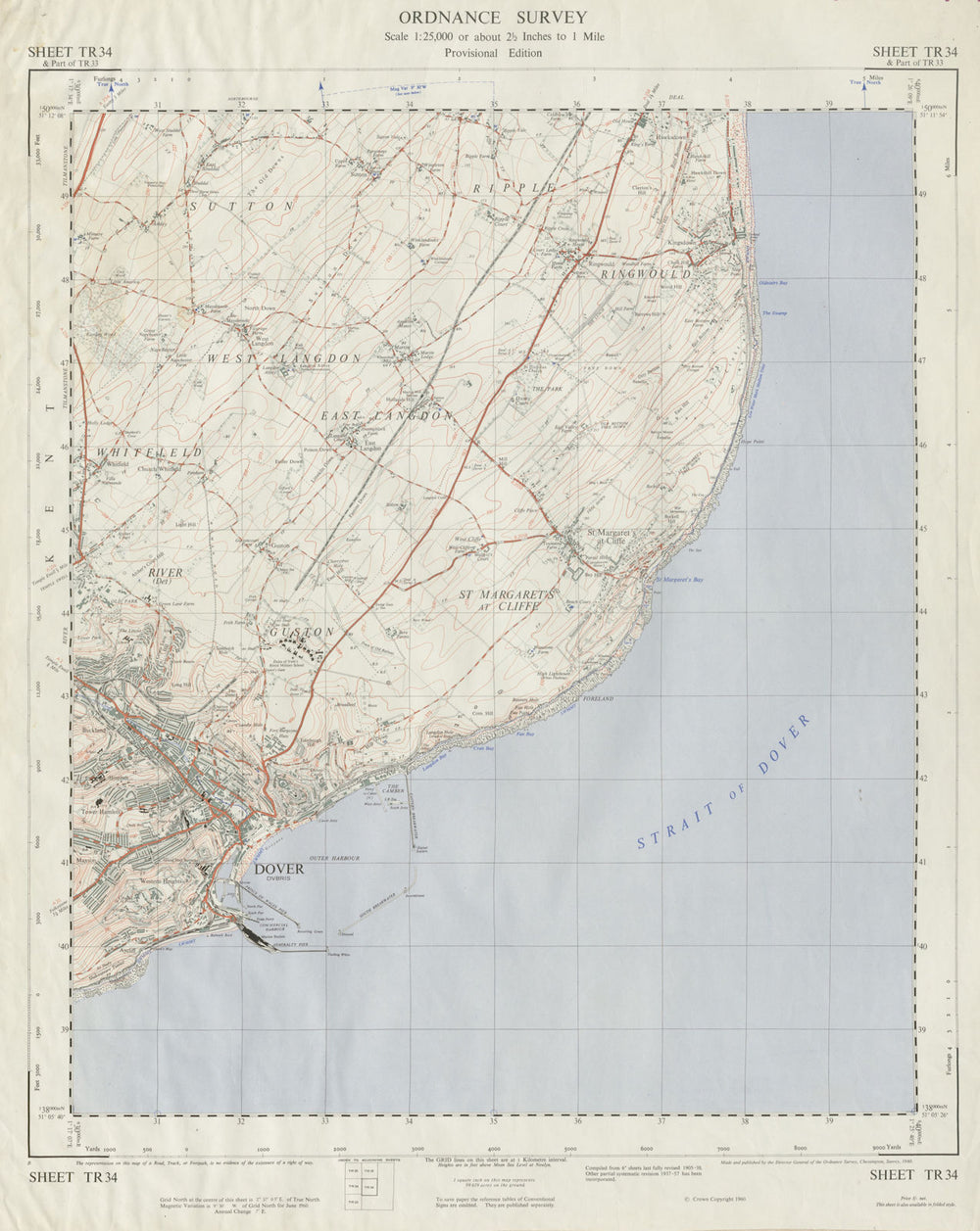 Vintage Ordnance Survey OS map sheet TR34 Dover St Margaret's at Cliffe 1960