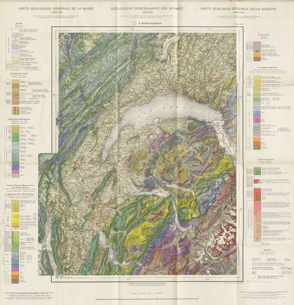 Carte Geologique. Geological map. Haute-Savoie Vaud Lake Geneva Jura 1948