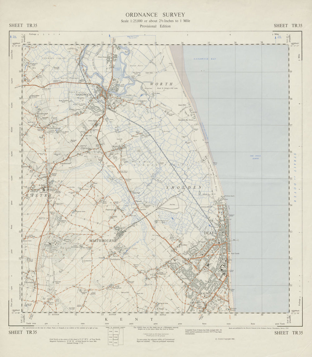 Vintage Ordnance Survey OS map sheet TR35 Deal Sandwich Northbourne 1961
