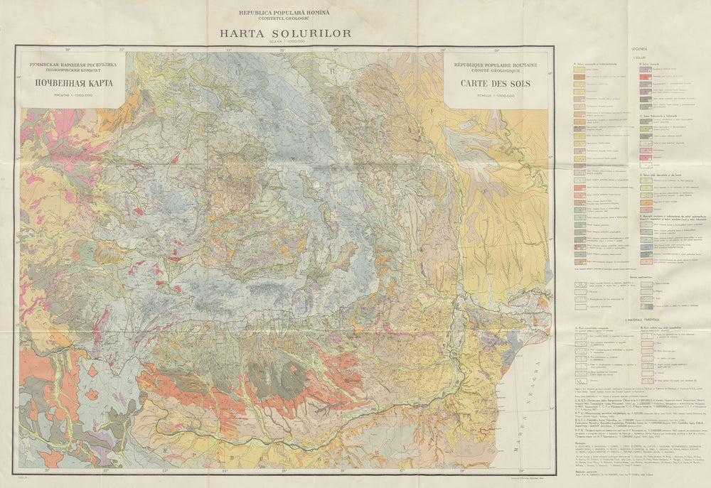 Romania geological survey ground map. Geologic Harta Solurilor 1964 old
