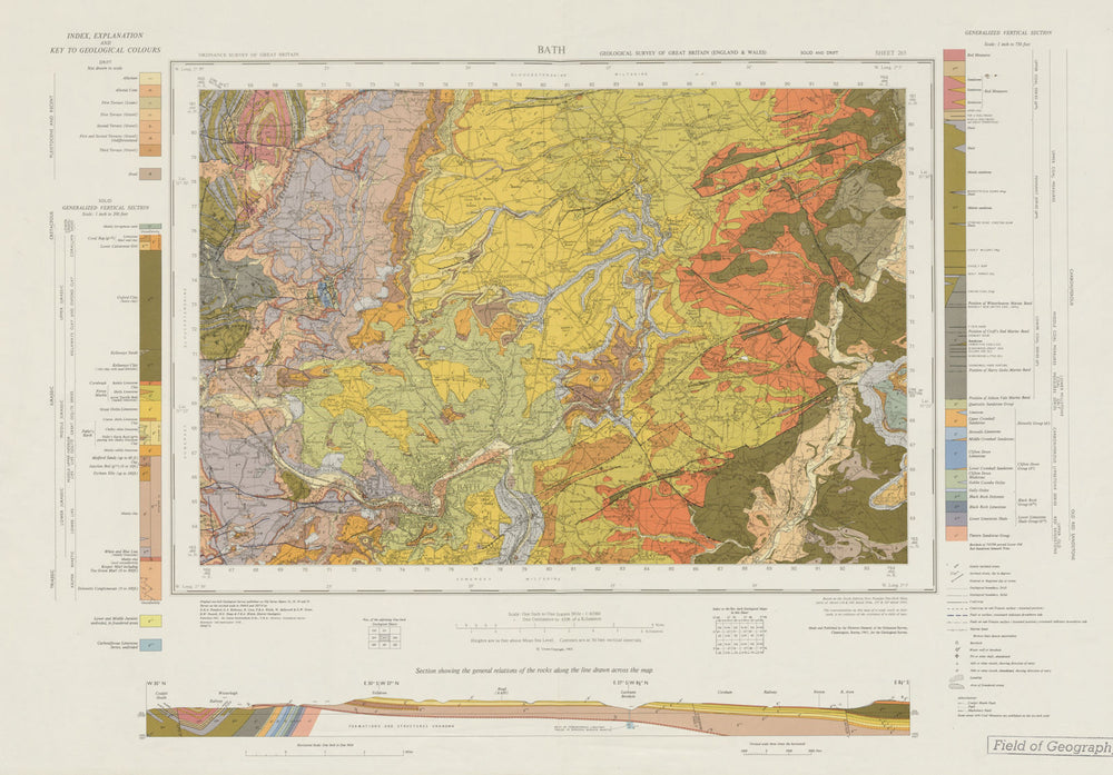 Bath. Vintage geological survey map. Sheet 265. Somerset Southern Cotswolds 1970
