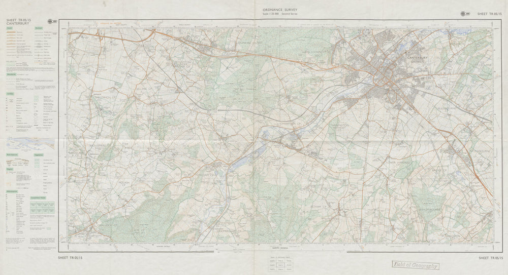 Vintage Ordnance Survey OS map sheet TR05/15 Canterbury Boughton 1977 old