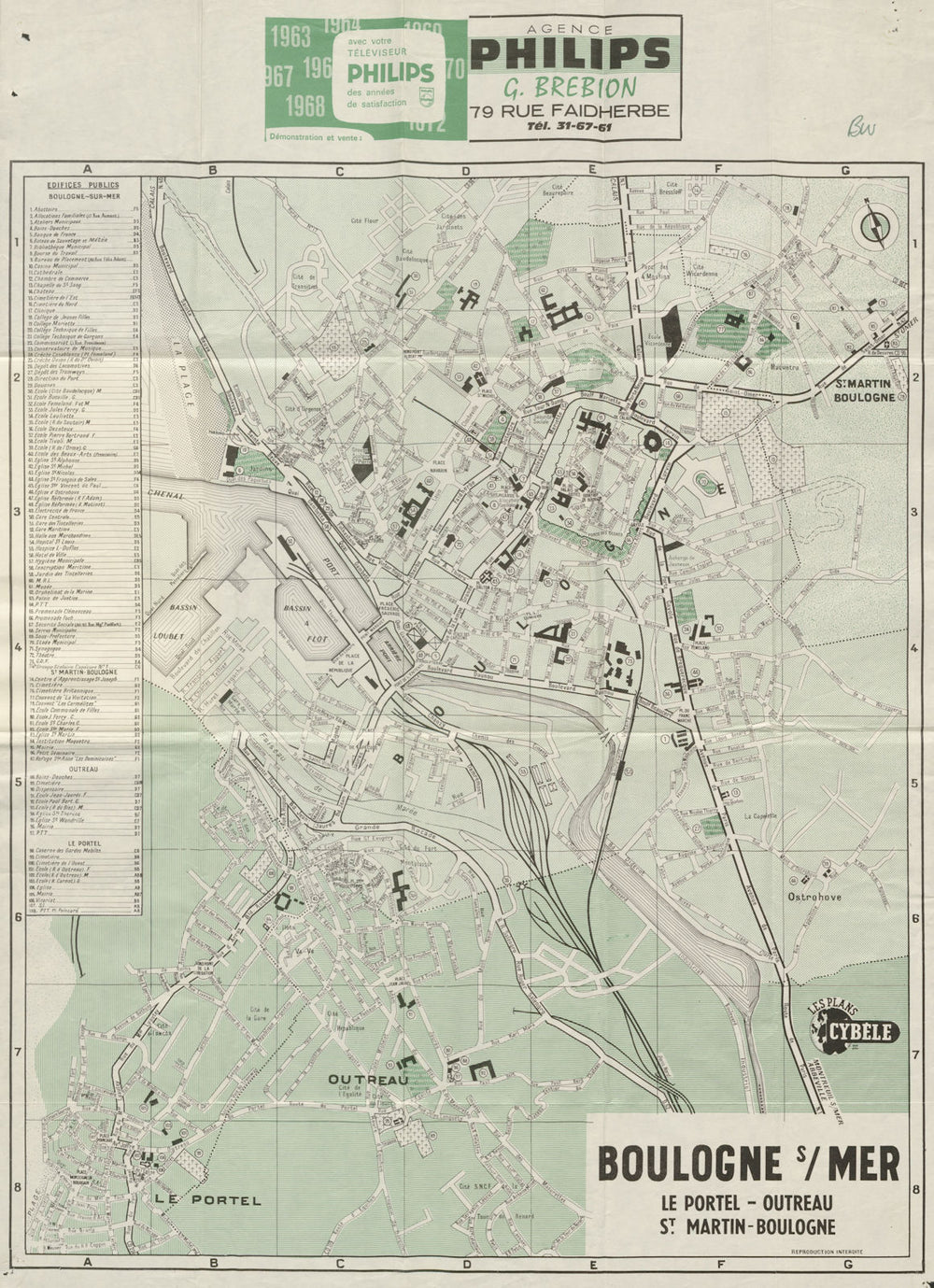 BOULOGNE SUR MER tourist town city plan. Le Portel Outreau St Martin c1972 map