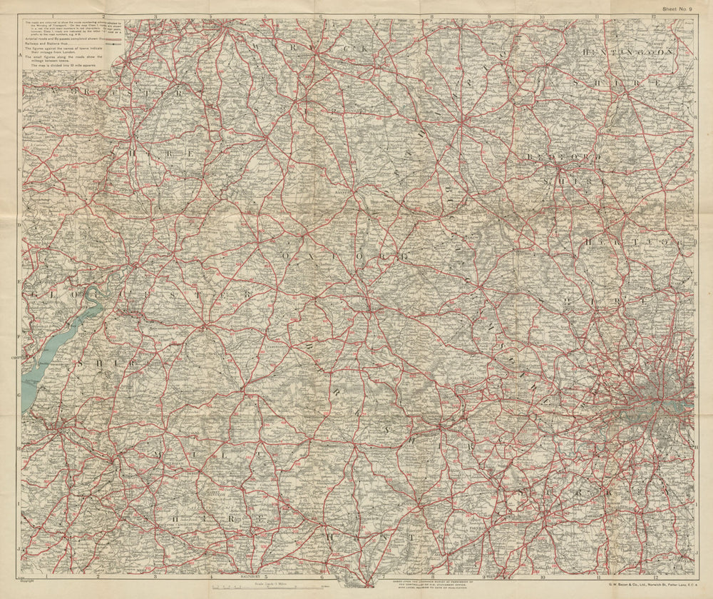 50 MILES ROUND OXFORD. Thames Valley, Cotswolds & Chilterns. BACON c1923 map