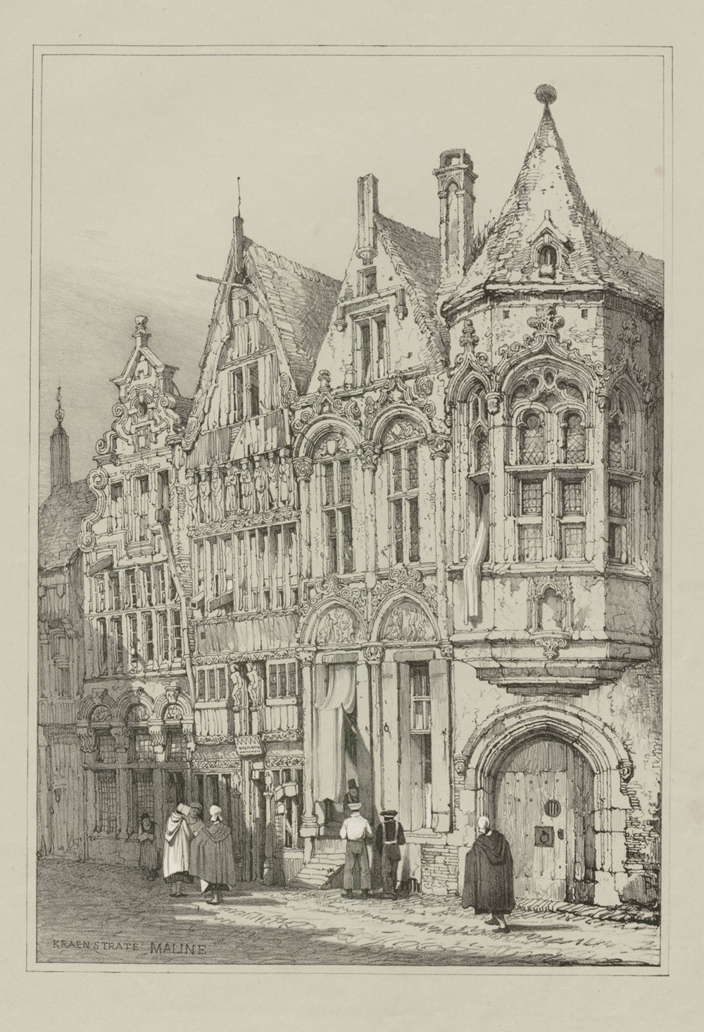 Kraenstrate Maline. Kraanstraat, Mechelen. Rare lithograph. PROUT c1830 print