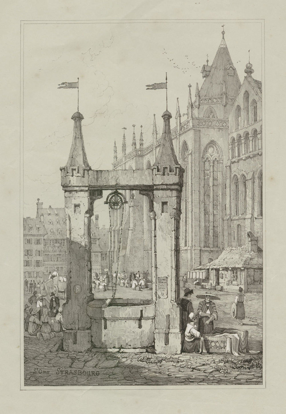 St Omer, Strasbourg. Place St-Thomas. Rare lithograph by Samuel PROUT c1830