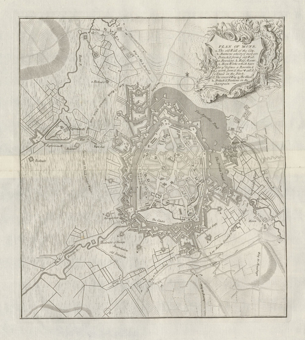 "Plan of Mons", antique town plan by Claude DU BOSC c1735 old map