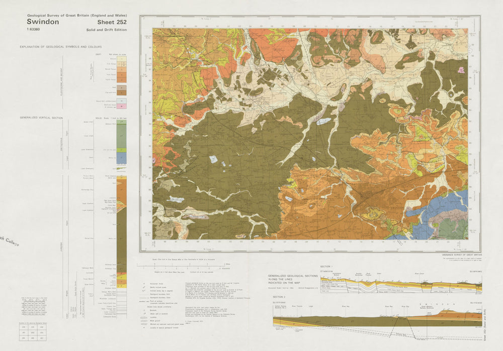 Swindon. Geological survey map. Sheet 252. Wiltshire Wootton Bassett 1974