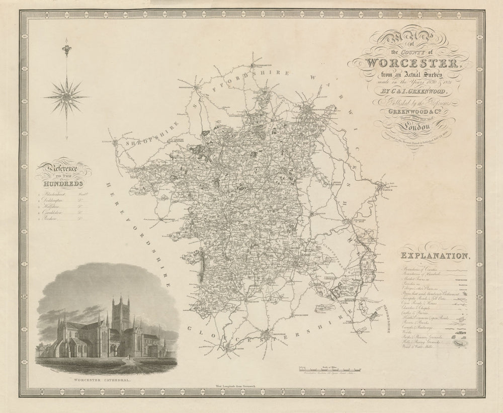 "Map of the county of Worcester" Worcestershire GREENWOOD 75x60cm 1830 old