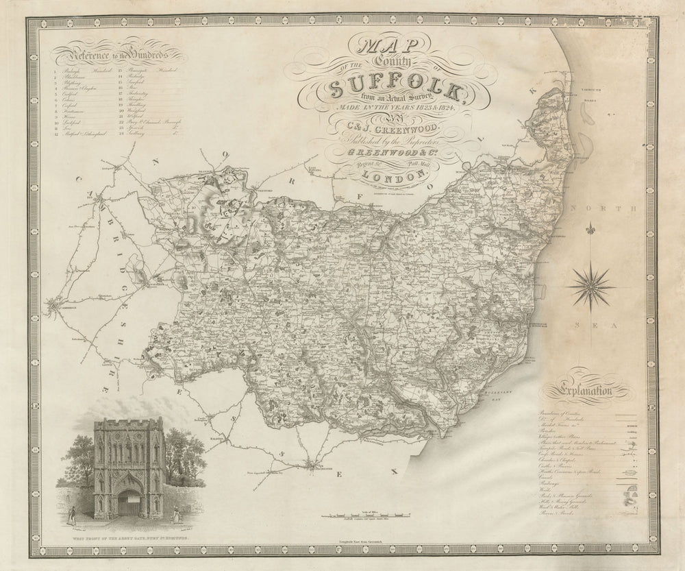 "Map of the county of Suffolk". GREENWOOD / NEELE. Large 75x60cm 1831 old