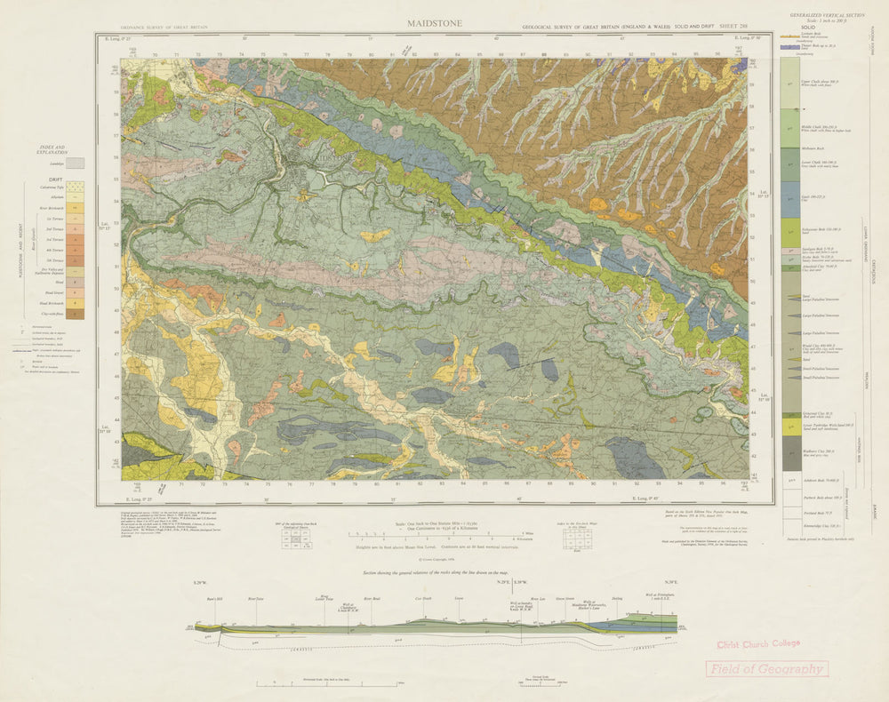 Maidstone. Geological survey map. Sheet 288. Kent Kent Downs River Medway 1966
