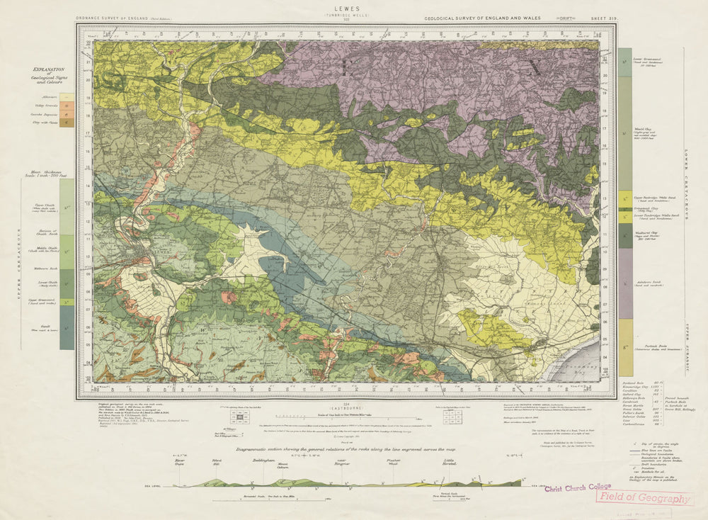 Lewes geological survey sheet 319 Sussex South Downs High Weald 1961 old map