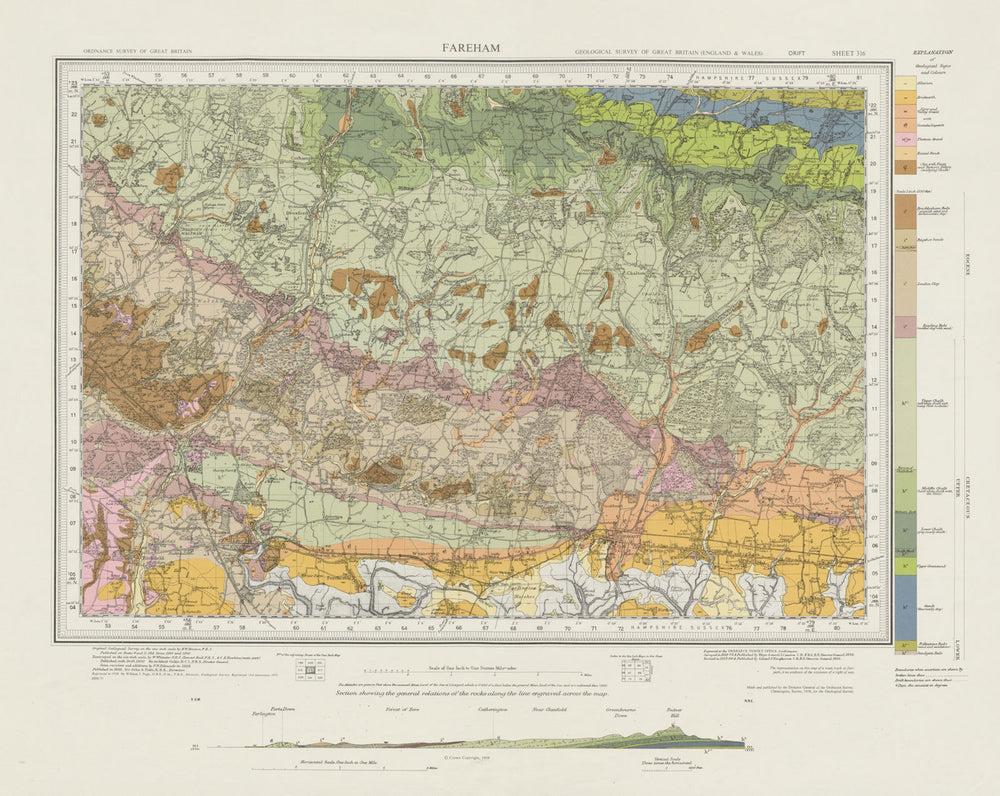 Fareham geological survey sheet 316 Havant Emsworth South Downs 1971 old map
